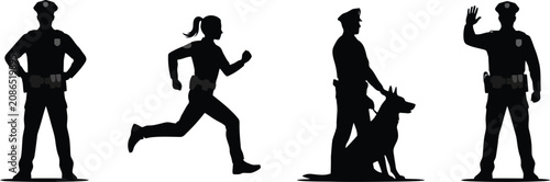 Schilderij op canvas Black silhouette law enforcement police officer and female runner with K9 dog pa