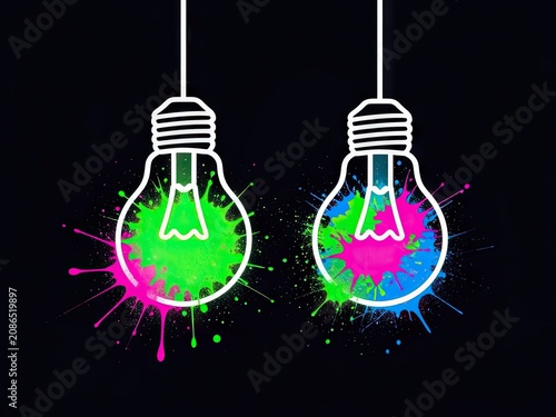 Neon paint light bulbs glowing on dark background