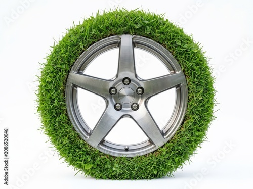 Eco friendly car wheel, green grass tire, sustainable vehicle, eco-conscious transportation