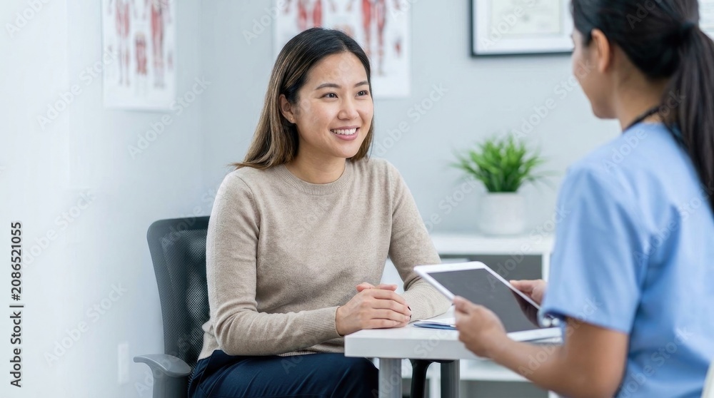 Fototapeta premium Medical consultation scene with patient and healthcare professional in a clinical setting for wellness and health advice