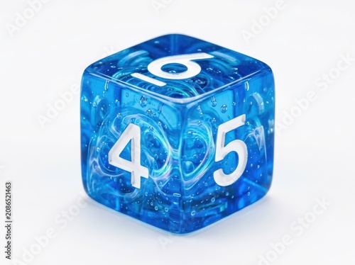 Blue transparent dice, numbered cube, 3D gaming token, translucent blue die