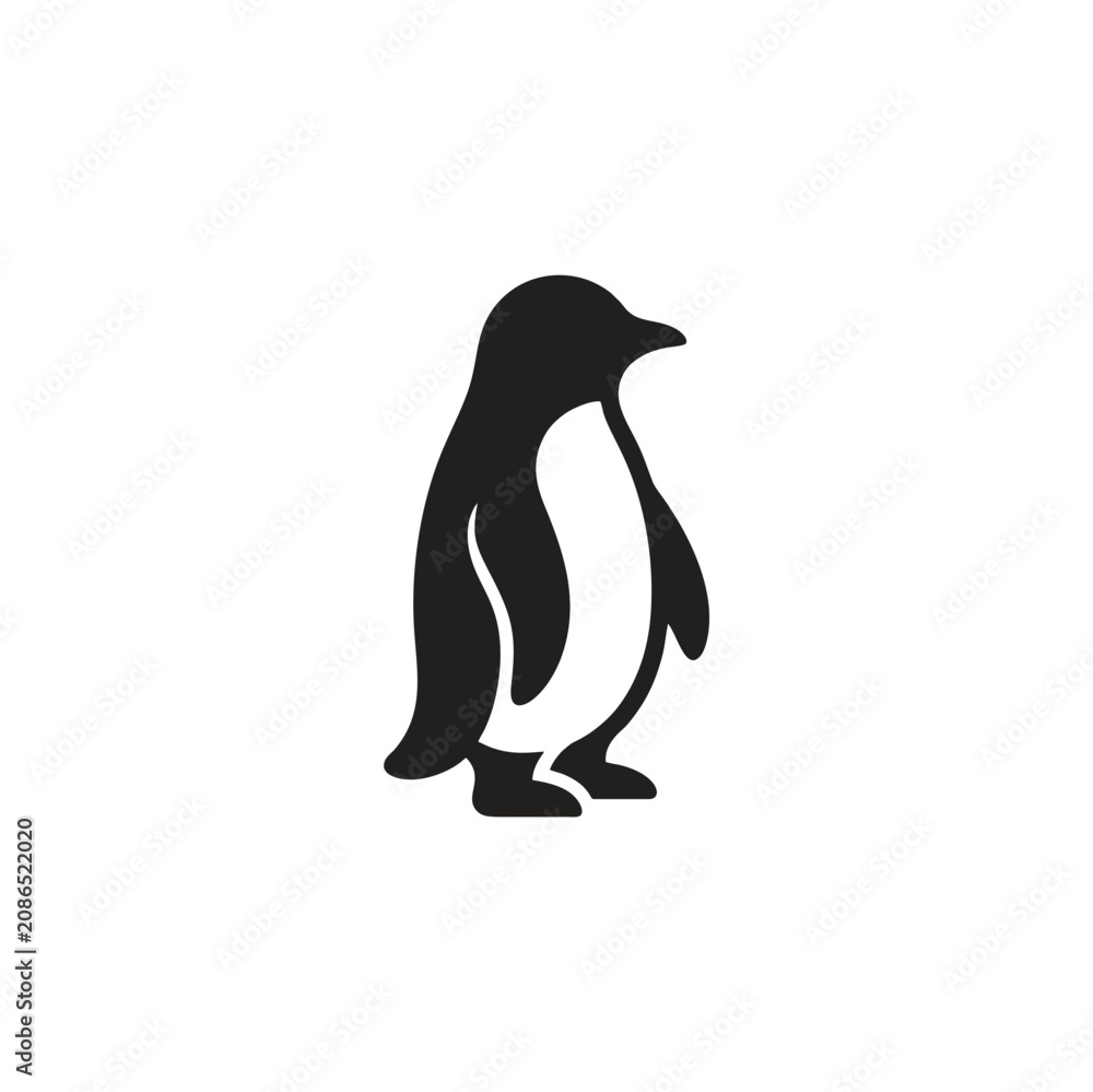 Fototapeta premium Penguin standing upright, minimal silhouette vector, black monocolor design, smooth rounded shapes, isolated white background