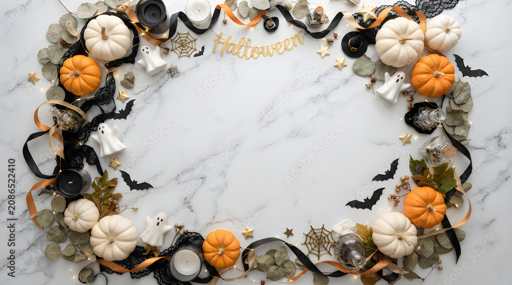 Obraz premium Halloween wreath, orange black white pumpkins, decorative floral arrangement, holiday decoration