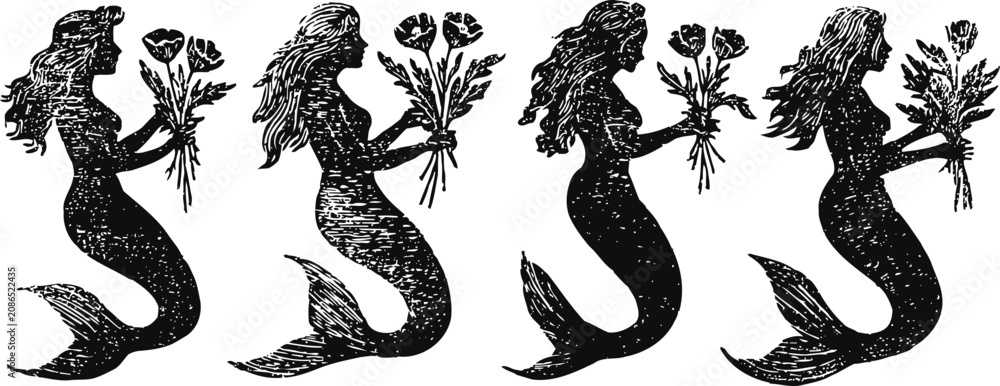Fototapeta premium vintage mermaid silhouettes holding flowers mythical sea creatures vector illustration