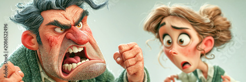 A Surreal, Satirical Scene of an Angry Husband Shouting at a Shocked Wife, with Exaggerated Caricature Features, Captured in a Clean White Studio with Dramatic Emotional Contrast. Generative Ai.
