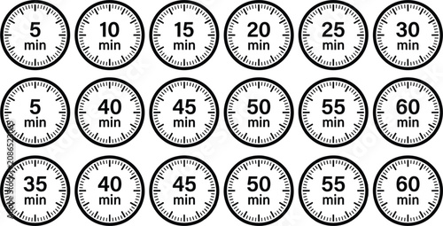 Photos Set of circular timer icons showing intervals from five to sixty minutes for cou