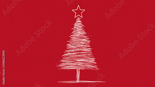 A white sketch of a christmas tree with a star on top against a red background for holiday and decoration concepts