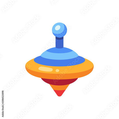 Spinning top toy with round striped body, pointed tip, short handle, and glossy circular form, classic plaything for motion, balance, and childhood design, colorful illustration