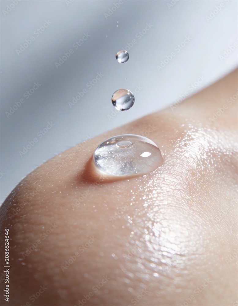 Fototapeta premium Clear Gel Droplet on Glowing Skin With Tiny Water Drops Macro