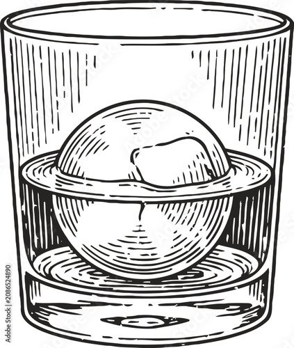 Glass with spherical ice cube hand drawn whiskey tumbler illustration