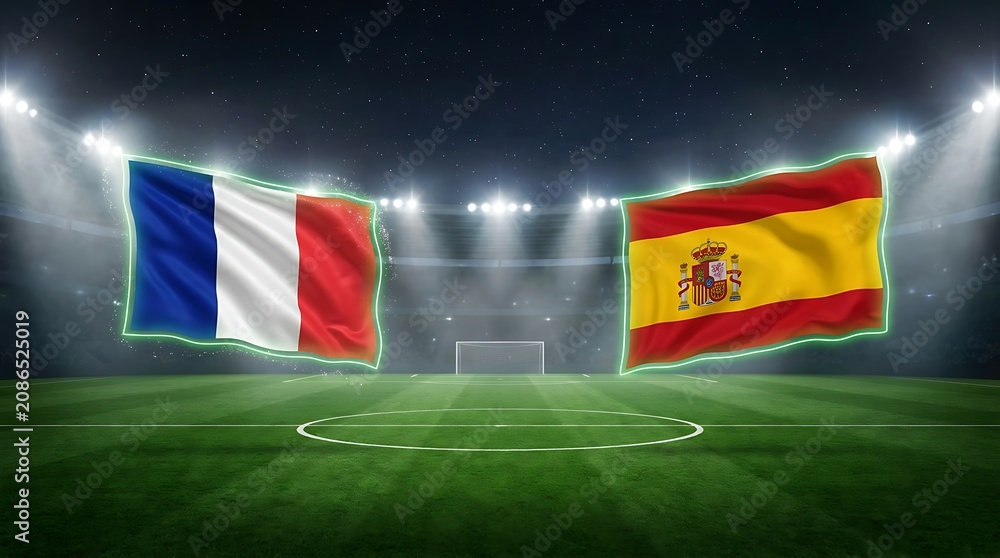 Naklejka premium France versus Spain soccer match flags waving on football stadium pitch at night with stadium lights shining down illuminating green grass and white lines.