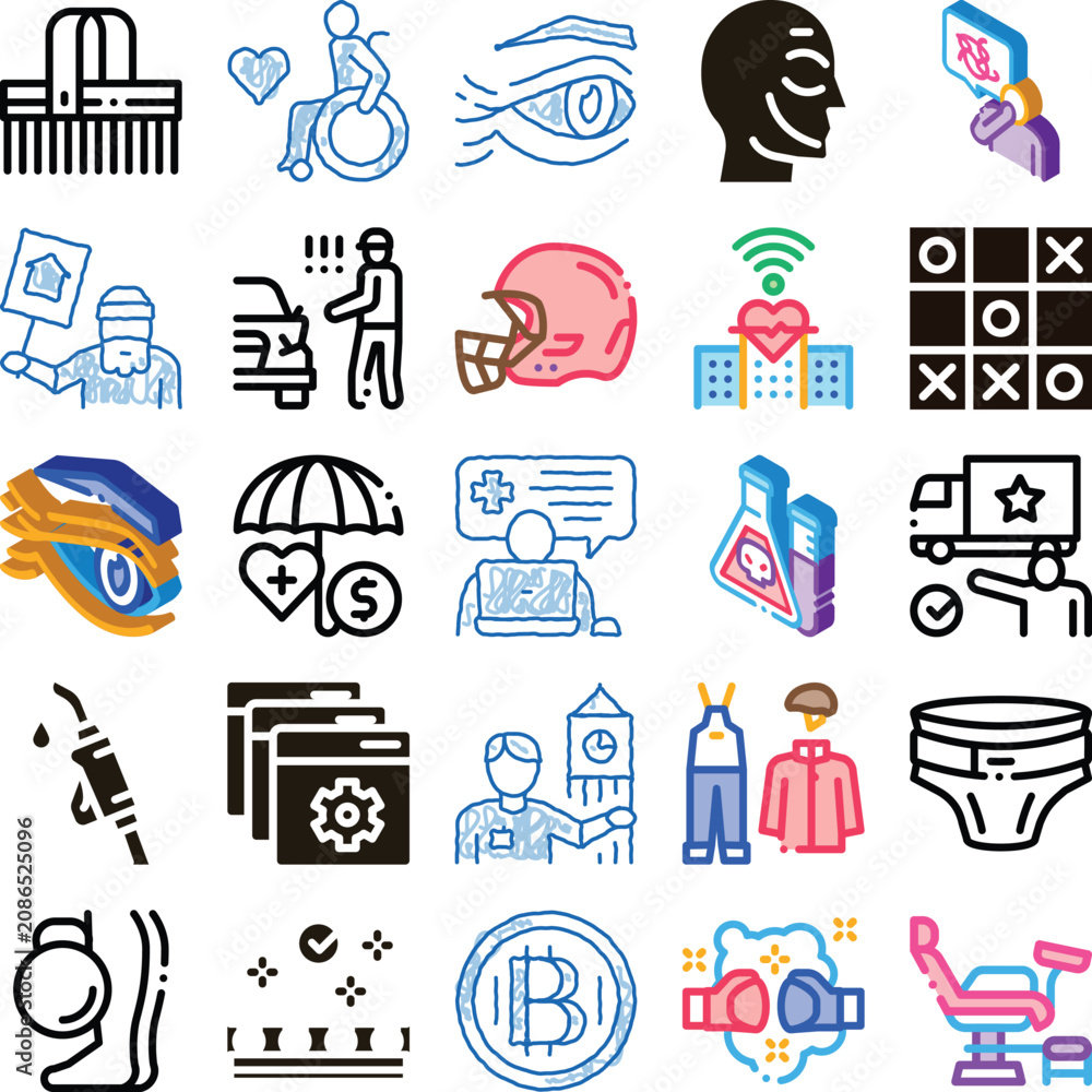 Fototapeta premium Collection of diverse icons representing a wide range of concepts including financial services, medical care, automotive maintenance, sports equipment, data management, and social issues
