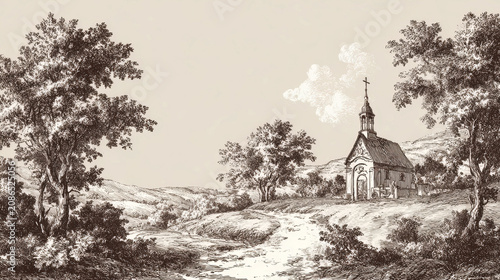 Vintage Blue Ink Landscape Illustration with Rural Church. AI generative.