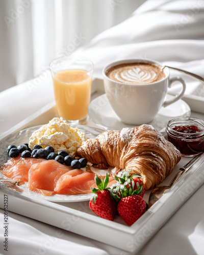 Ultra-premium hotel breakfast tray with buttery French croissant, scrambled eggs, smoked salmon, fresh blueberries, strawberries and raspberries, fresh orange juice