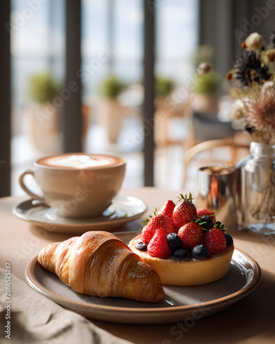 Premium café breakfast beside a large floor-to-ceiling window, warm butter croissant, cappuccino with latte art, artisan fruit tart, fresh strawberries, blueberries