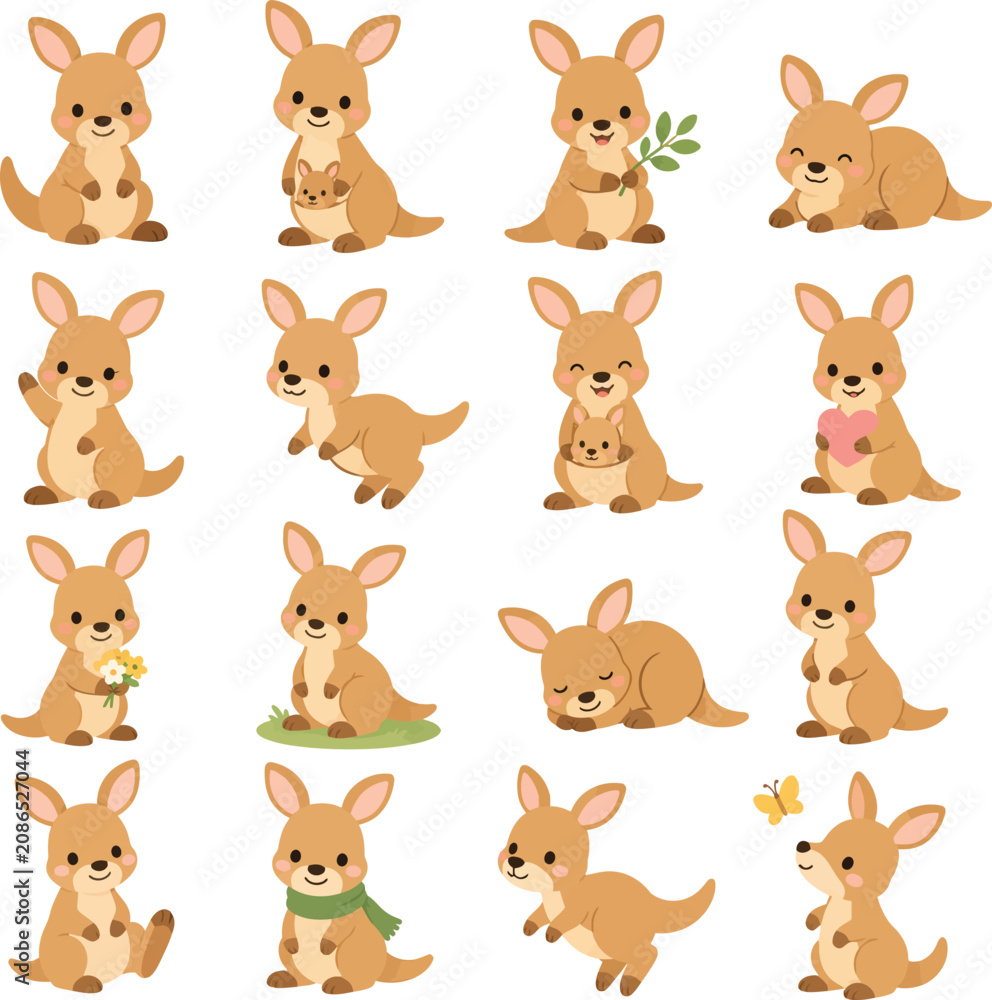 Naklejka premium Cute Kangaroo Collection, Flat Vector Illustration Set of Kangaroo