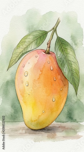 watercolor illustration of a fresh ripe mango with green leaves