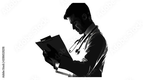 Schilderij op canvas Doctor examines medical charts while standing in a dark silhouette against a clean background