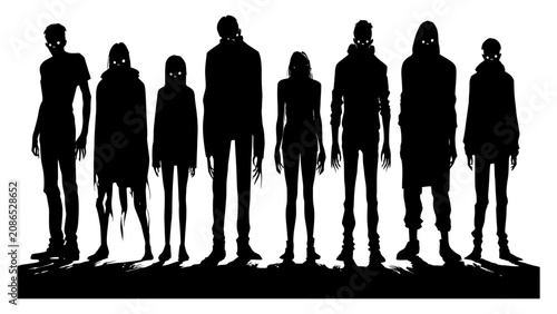 Foto Zombies stand in a dark silhouette formation representing a spooky and mysterious horror theme