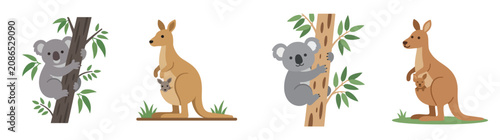 Canvas Print Cute Australian Animals Vector Set with Koala Climbing Tree and Kangaroo with Jo