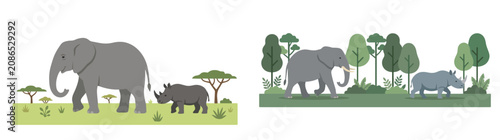Obraz na plátně African safari wildlife illustration set featuring elephants and rhinos in savan