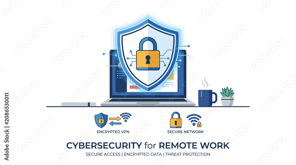 Fototapeta premium Laptop protected by a large digital security shield lock icon demonstrates cybersecurity measures for remote work environments.
