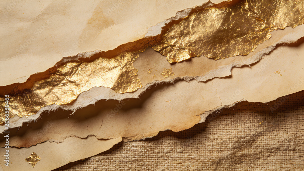Naklejka premium Crumbled parchment reveals shimmering gold leaf edges
