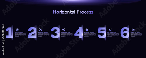 6 steps dark tech business infographic template, gradient neon workflow timeline, process diagram, flowchart, data visualization, presentation layout, modern vector infographic for report dashboard