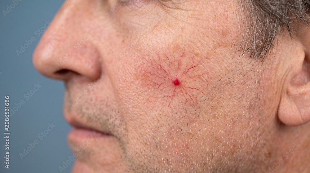 Fototapeta premium Close up side view of middle aged man face with spider angioma on cheek skin