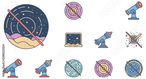 Fotografie Astronomy Icons Collection Line Art Style With Cancel Symbols On White Backgroun
