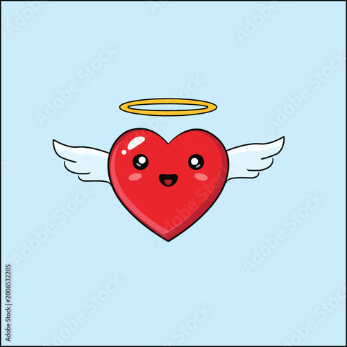 cute kawaii angel heart character with wings, golden halo, and smiling face vector illustration. 
perfect for Valentine's Day