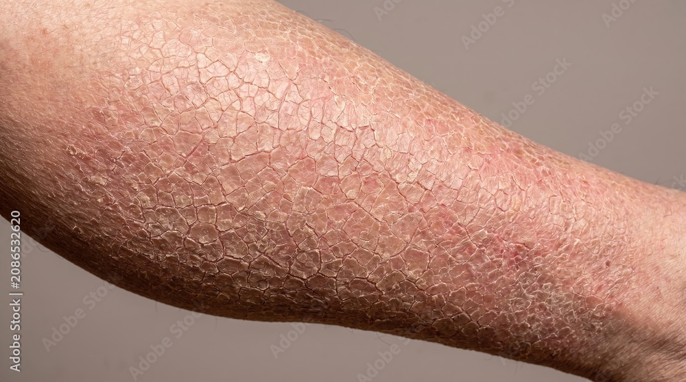 Fototapeta premium Close up view of severe ichthyosis vulgaris skin condition with dry scaly plaques on leg