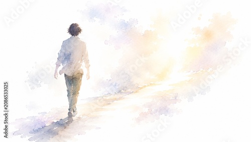 明るい光の差す方向へ前進する人物の後ろ姿が描かれた水彩画のイラスト