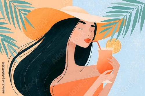Flat design graphic of a beautiful girl sipping a refreshing orange beverage. Flat art of a tropical holiday, relaxation, and luxury resort lifestyle.