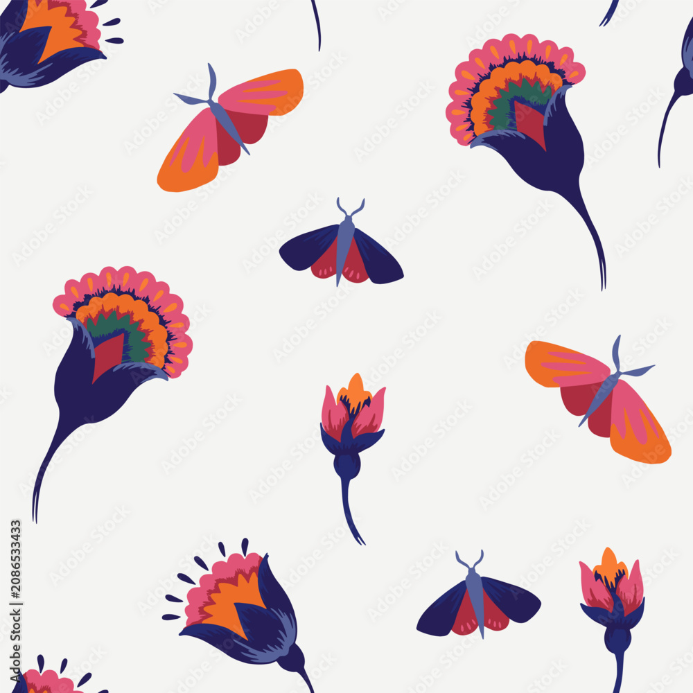 Fototapeta premium Seamless floral and butterfly pattern with stylized blooms, colorful insects, and folk inspired botanical elements. Playful repeating design for textiles, wallpaper, and packaging