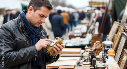 Man examines antique golden clock at outdoor flea market