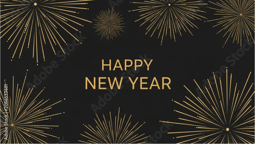 Fotografie Golden fireworks explode in night sky with Happy New Year text