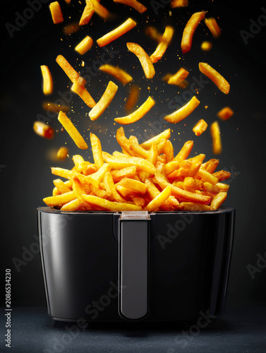 Crispy French Fries in Modern Air Fryer – Golden Fast Food Snack. AI generative.