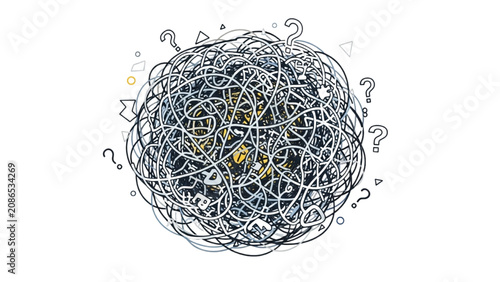Fotografia Confusing illustration depicts tangled lines and question marks swirling around