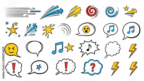 Obraz na plátně Graphic illustrations of various emoticon expressions and speech bubbles