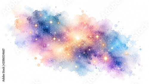 水彩画のパステルカラーで描かれた幻想的な星雲と輝く星々の宇宙背景