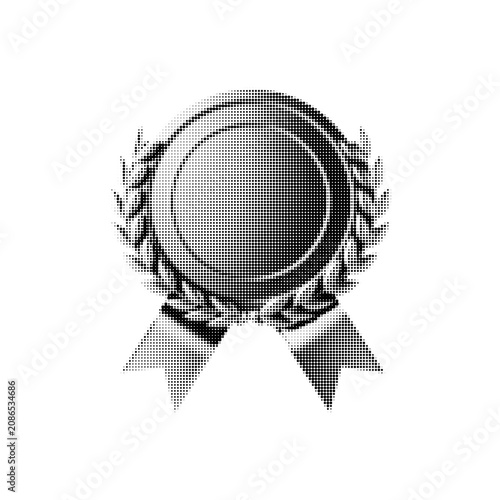 Black halftone award medal with ribbon isolated on white background. Minimal achievement badge icon for winner, excellence, certification, quality, success and recognition.