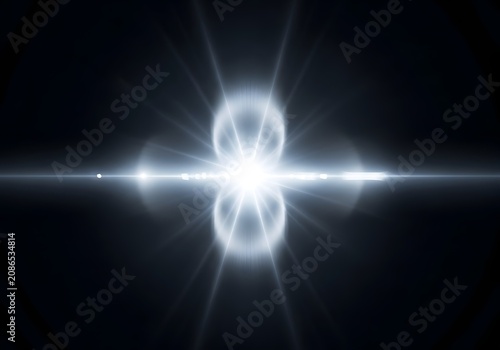 Cinematic white lens flare with horizontal light streak on black background for visual effects