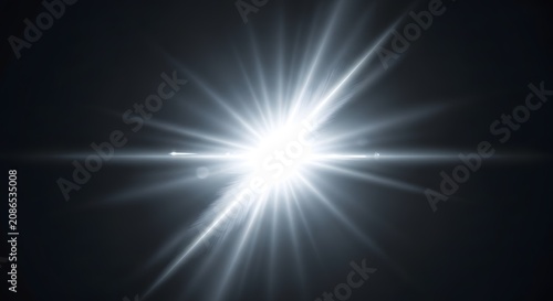Cinematic white lens flare effect with starburst rays on black background