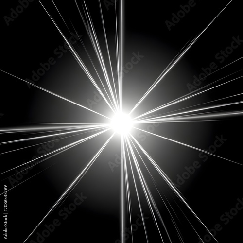 Intense white starburst with sharp radiant light beams isolated on black background