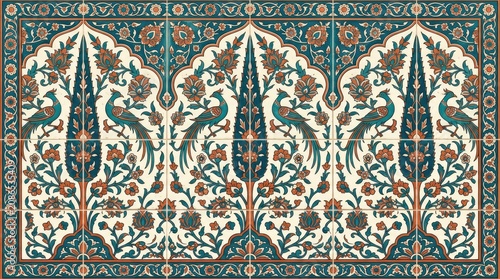 Intricate Islamic Geometric Tile Pattern With Peacock and Floral Motifs in Teal and Beige