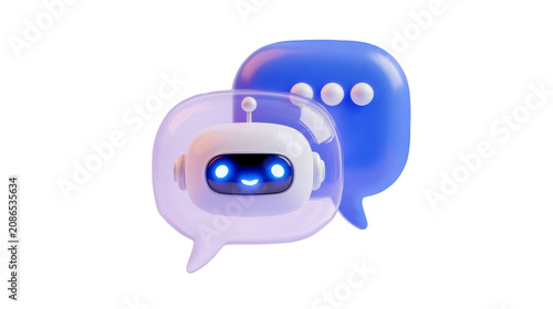 Chatbot head character with blue speech bubble icons for digital customer service communication on transparent background