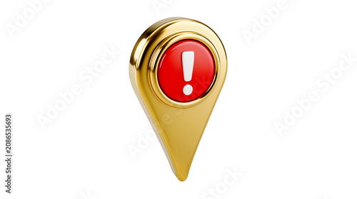 Exclamation mark map pointer with golden metallic frame and red center isolated on transparent background