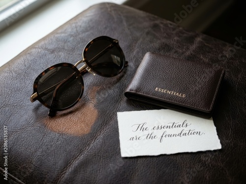 Brown leather wallet and round sunglasses placed near a card with 'The essentials are the foundation' text