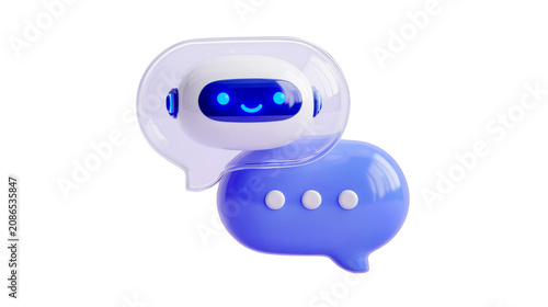 3D cute chatbot character inside a glass speech bubble with blue messaging icon on transparent background